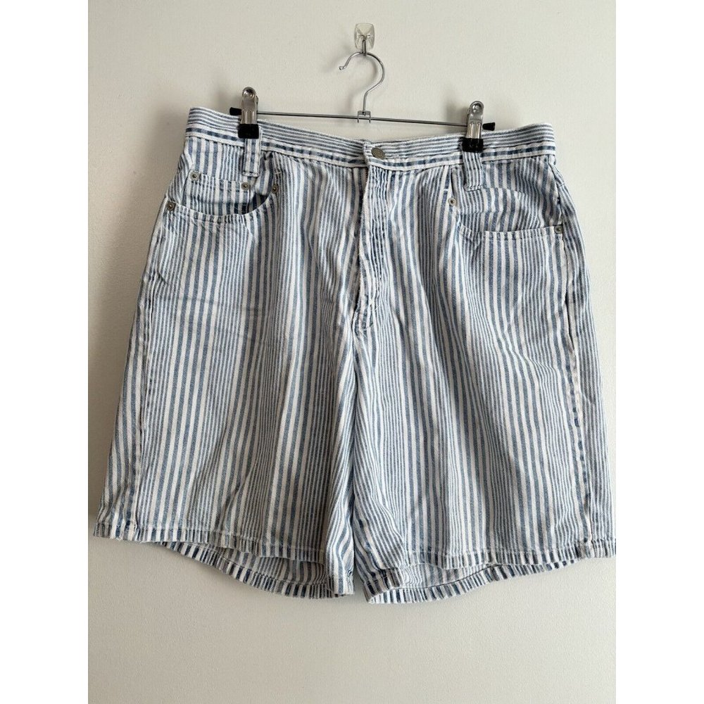 Vintage High Waist Blue and White Denim Women's Short  Size 14